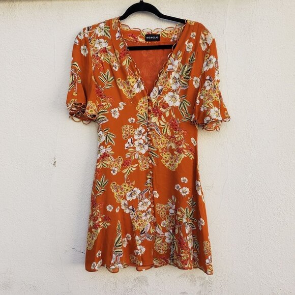 NICHOLAS Orange Floral Godet Mini Dress - Picture 2 of 8